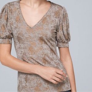 WHBM puff sleeve foil, top color, snake, bronze, foil, size medium new with tags